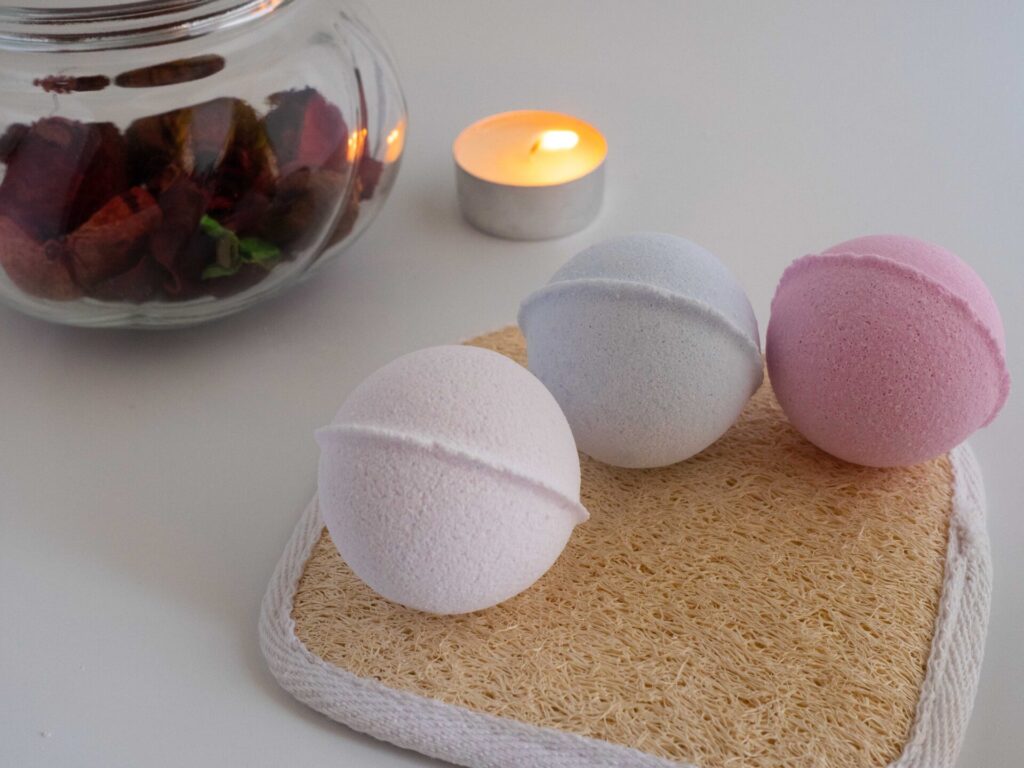 bath bombs on a bath towel