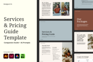 Services and Pricing Guide Template for brand designers — editable in Adobe Express, Illustrator, InDesign and Affinity
