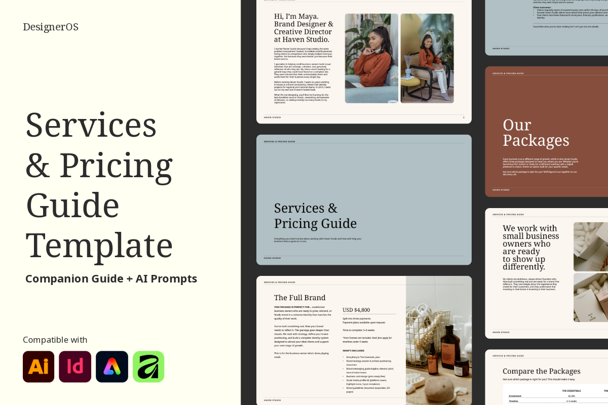Services and Pricing Guide Template for brand designers — editable in Adobe Express, Illustrator, InDesign and Affinity