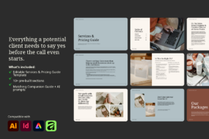 Services and Pricing Guide Template and companion workbook contents overview — 21 pages editable in Adobe Express Illustrator InDesign and Affinity