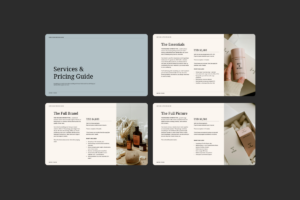 Services and Pricing Guide Template investment summary comparison table showing three-tier package pricing layout