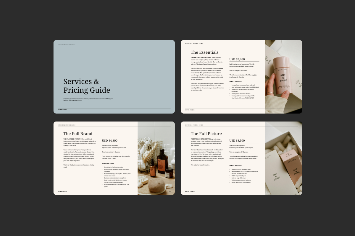 Services and Pricing Guide Template investment summary comparison table showing three-tier package pricing layout