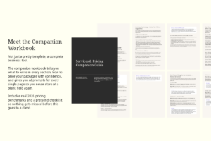 Companion workbook for the Services and Pricing Guide Template showing section guidance, pricing framework and AI prompts for brand designers