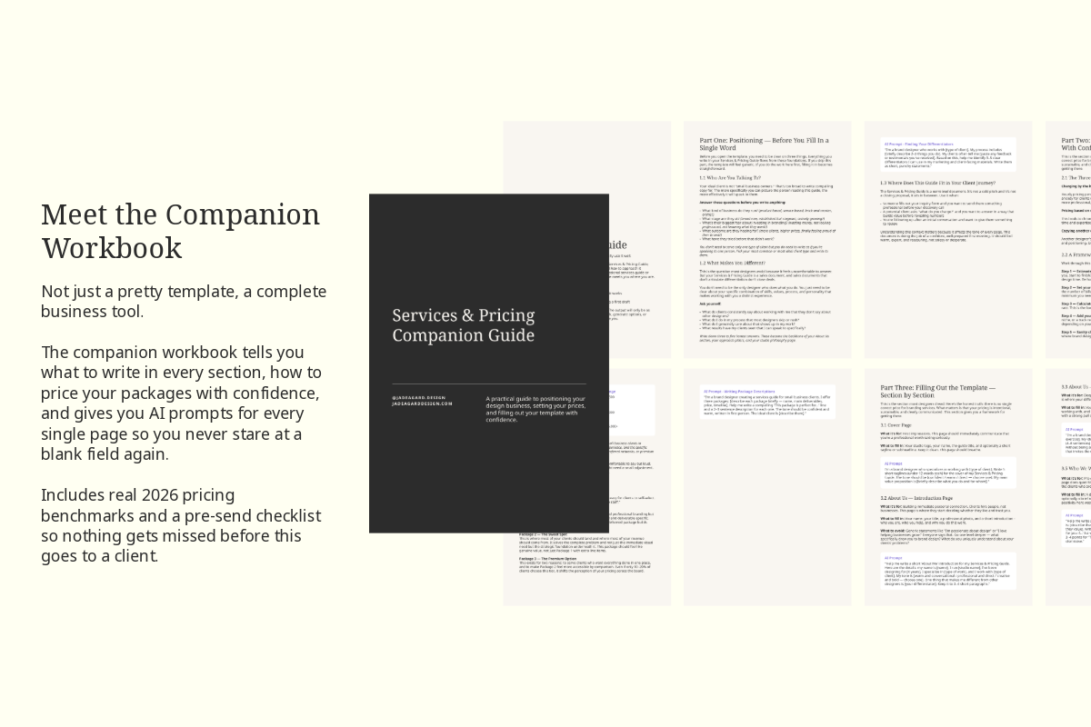 Companion workbook for the Services and Pricing Guide Template showing section guidance, pricing framework and AI prompts for brand designers