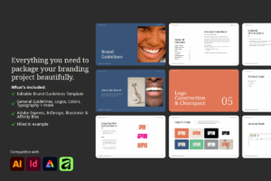 Preview of what’s included in the brand guidelines template, showing key sections and compatible file formats.