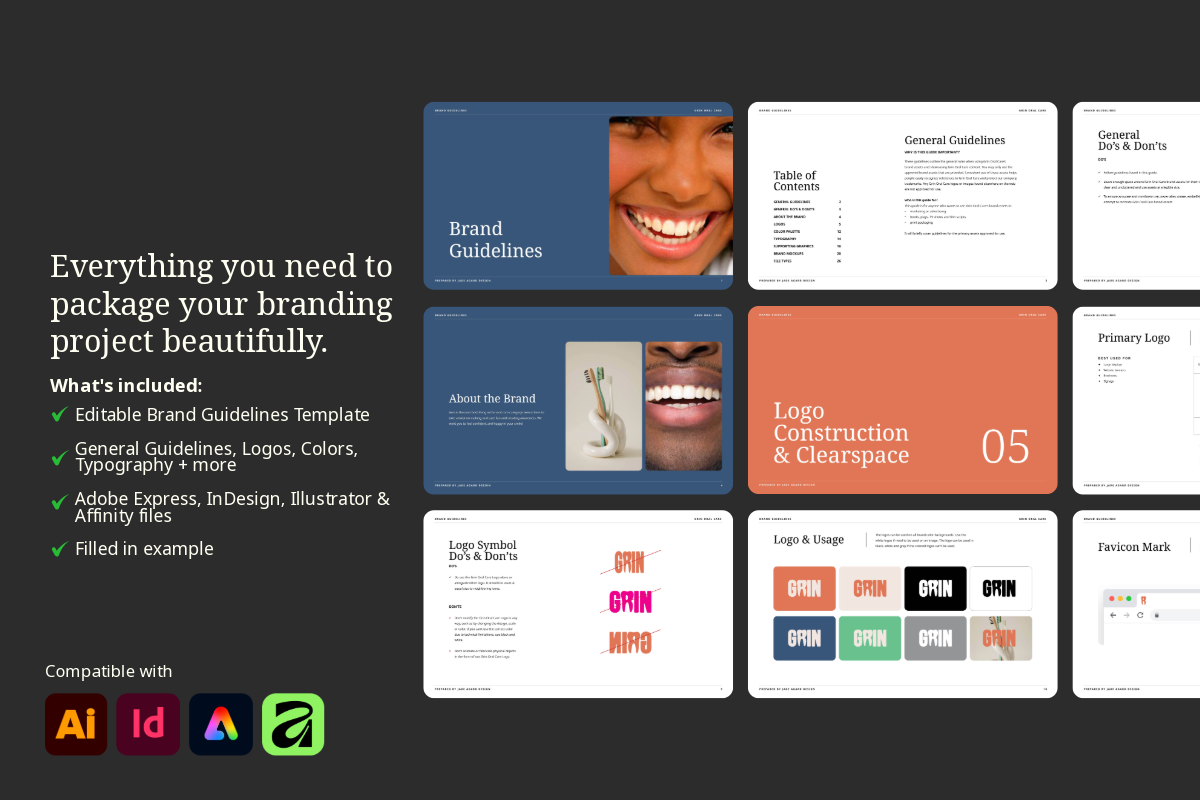 Preview of what’s included in the brand guidelines template, showing key sections and compatible file formats.