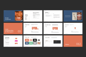 Inside pages of the brand guidelines template featuring sections for logos, colors, and typography.