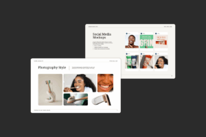 Brand guidelines template pages highlighting photography direction and social media mockup examples.