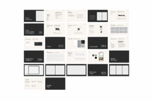 Full layout preview of the unfilled brand guidelines template showing every page included in the document.