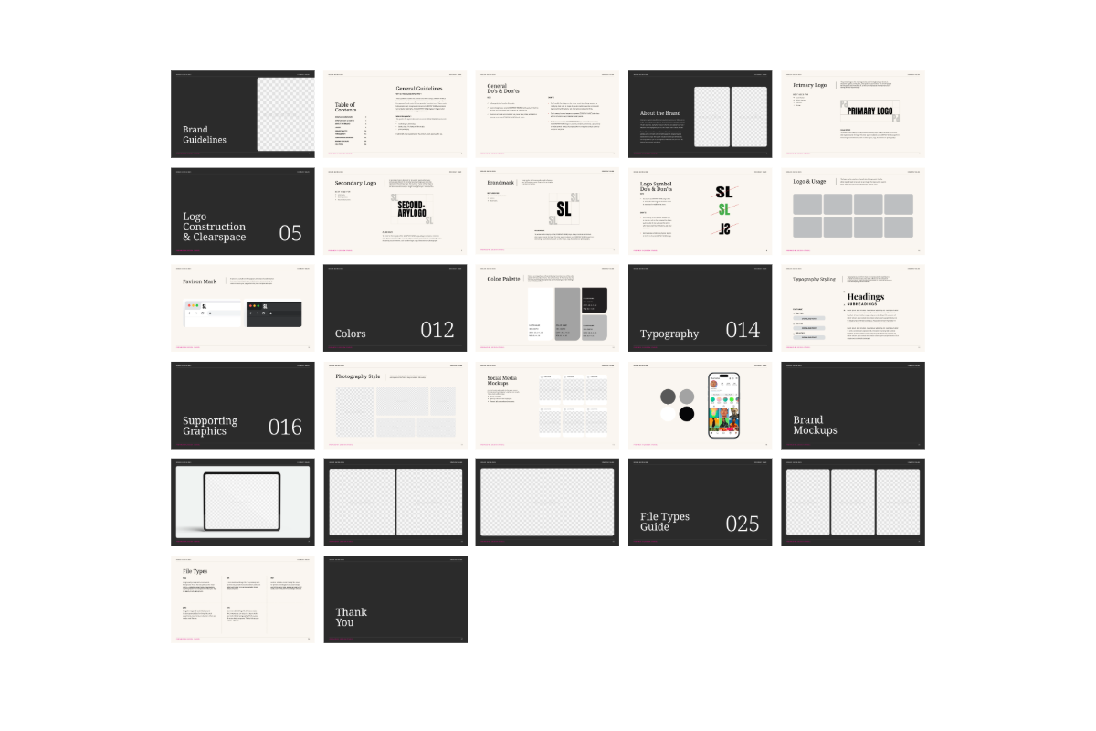 Full layout preview of the unfilled brand guidelines template showing every page included in the document.