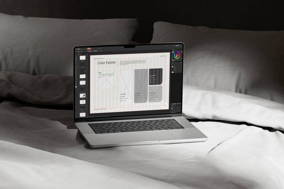 Affinity Designer laptop mockup displaying the editable brand presentation template open on screen.