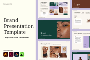 Brand Presentation Template for designers — modern, minimalist layout shown on a clean beige background.