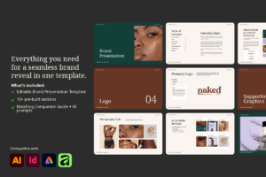 Brand Presentation Template package overview showing editable files for Adobe Express, Illustrator, InDesign, and Affinity.