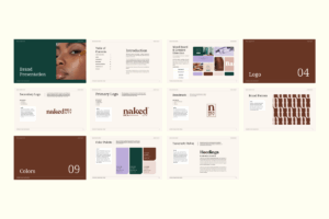 Example of completed brand presentation template featuring the Naked Beauty brand with creative direction and logo slides.