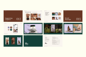 Editable brand presentation template showing color palette, typography, and brand pattern examples for design clients.
