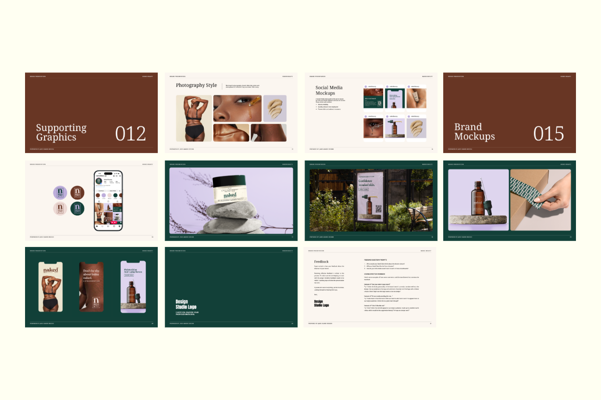 Editable brand presentation template showing color palette, typography, and brand pattern examples for design clients.