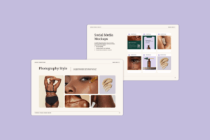 Brand presentation template with photography style and social media mockup slides for brand identity projects.