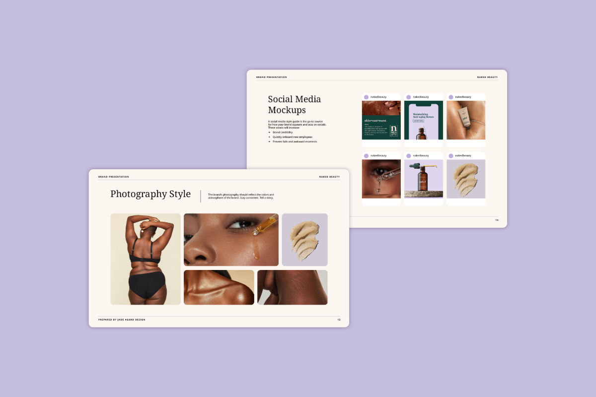 Brand presentation template with photography style and social media mockup slides for brand identity projects.