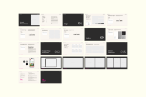 Preview of all pages included in the brand presentation template layout, showing logo, color, and typography sections.