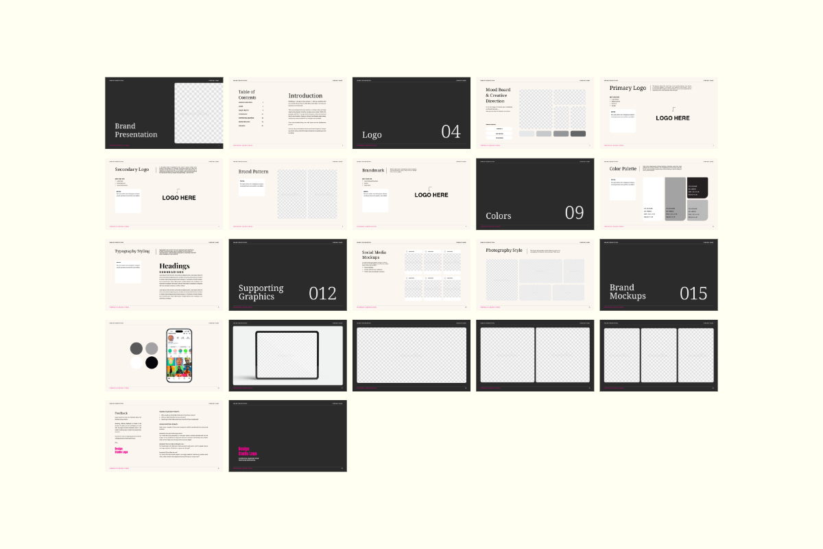 Preview of all pages included in the brand presentation template layout, showing logo, color, and typography sections.