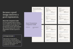 Brand Presentation Template companion guide with AI prompts for designers to write clear, strategic presentation text.