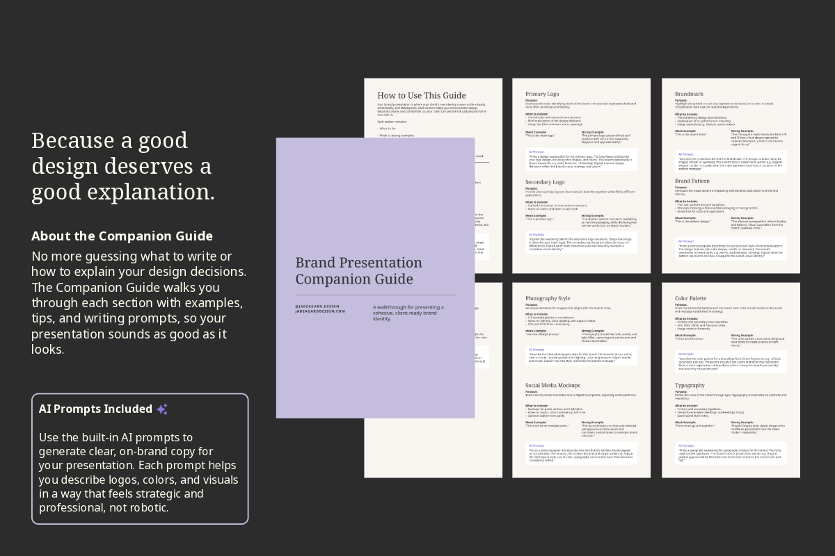 Brand Presentation Template companion guide with AI prompts for designers to write clear, strategic presentation text.