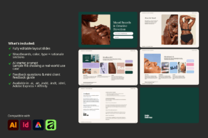 Inside the Moodboard & Creative Direction Template: pre-made layouts, image placeholders, and editable color palettes. Available in Affinity and Illustrator for an easy, creative workflow.