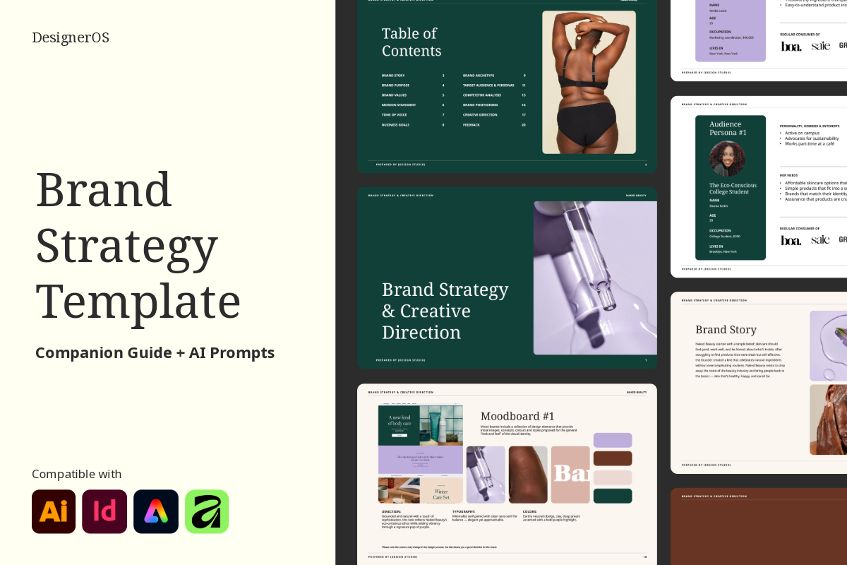 Brand strategy and creative direction template cover designed for brand designers and creative studios