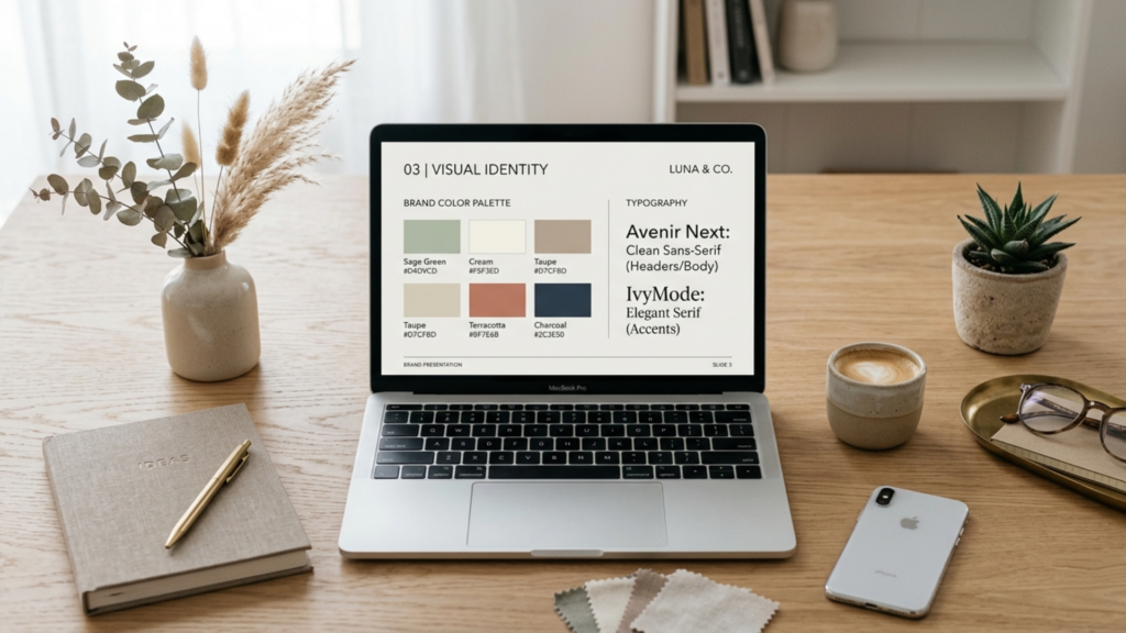  A brand presentation deck displayed on a laptop in a minimal desk setup