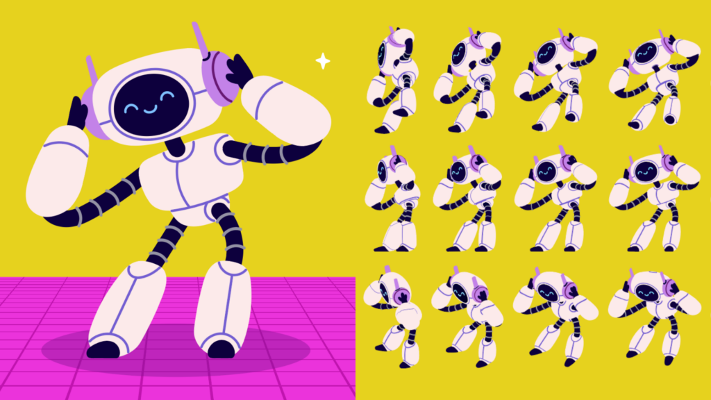 A side-by-side comparison of a single 2D illustrated character and its multiple Turntable-generated angle views arranged in a row on the Illustrator canvas.&nbsp;Alt text: Multiple angle views of a 2D vector character illustration generated using the Illustrator Turntable feature