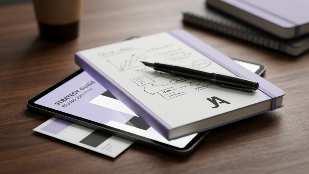 brand strategy document, questionnaire, and workshop materials laid out together
