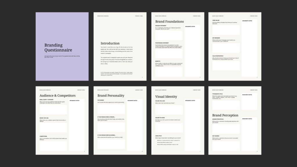 Branding Questionnaire Template pages used as a brand strategy questionnaire