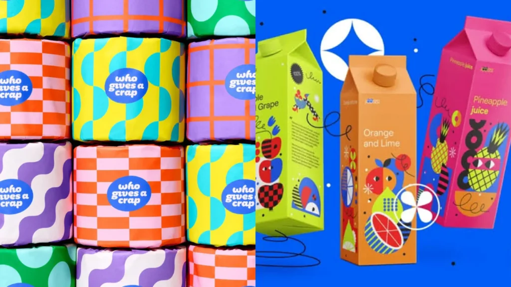 Colorful collage showing dopamine design across branding, packaging and web design mockups